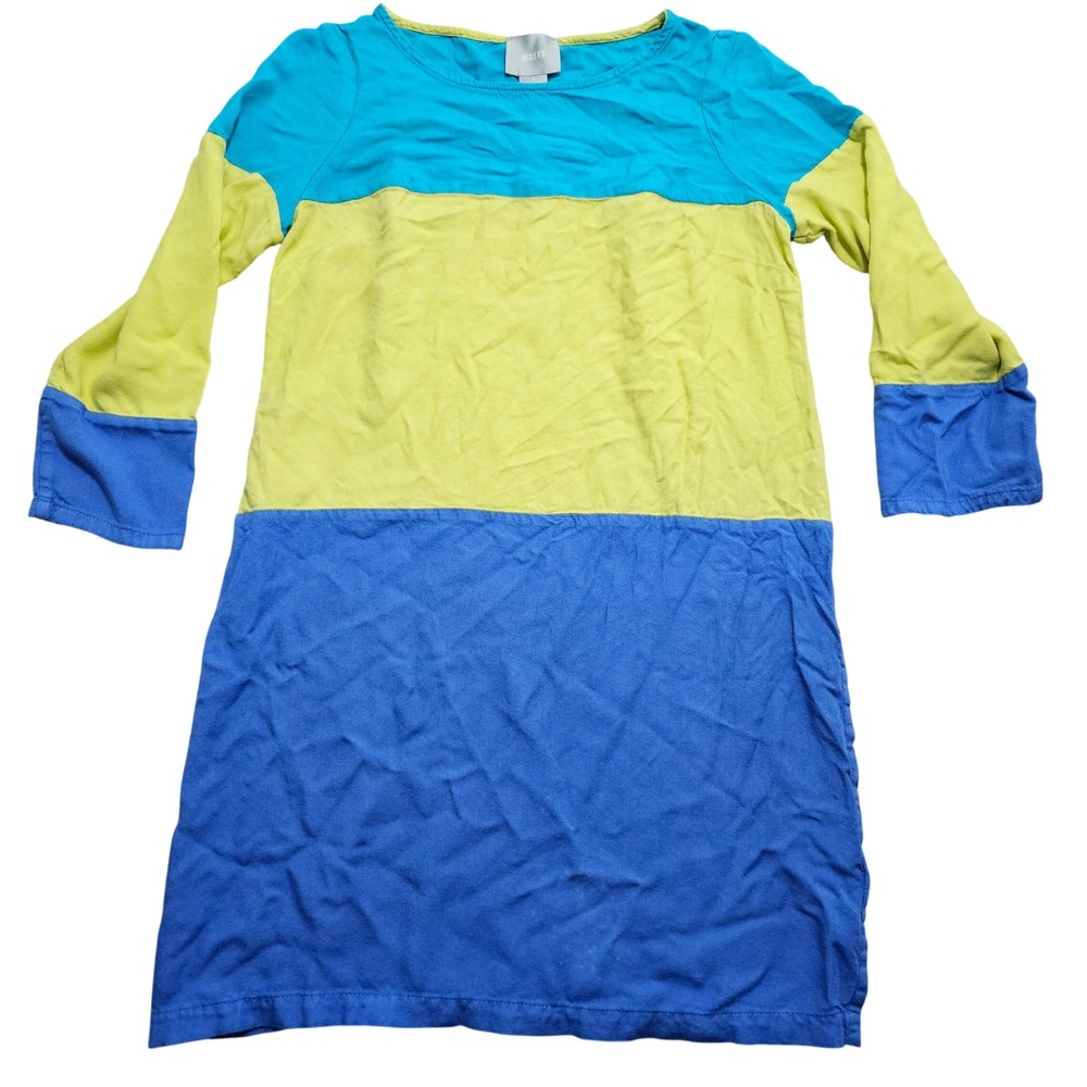 Maeve Anthropologie Colorblock Shift Dress Blue Yellow Teal Rayon 3/4 Sleeve